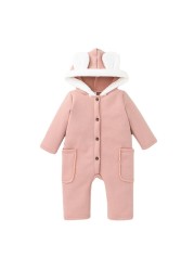 Baby Thicken Romper with Pockets Girls Long Sleeve Button-up Hooded Jumpsuit Baby Girl Boy Autumn Rompers