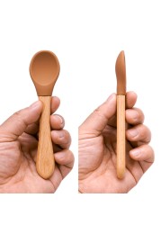 Wooden Feeding Handle Silicone Spoon For Baby Utensils Eat Soild Food Kids Training Ability Manipulation Children's Tableware