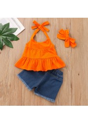 Baby Girl Fashion Clothes Set Rainbow Print Sleeveless Ruffle Blouse Jeans Hole Shorts With Headband Set JYF