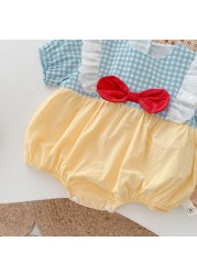 New arrival summer baby girl bodysuit cotton plaid patchwork bow newborn rompers princess birthday infant cloth with headband