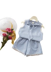 Kids Girl Plaid 2 Pieces Clothing Sets 2022 New Summer Fashion Lattice Bowknot Suits White Sealing Children Clothes Outfit