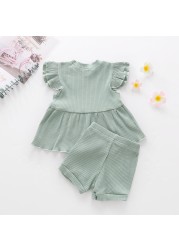 Muababi 1-5Years Children Girls Clothing Sets Summer Kids Girls Ruffles Sleeve Cotton Stripe T-shirt Tops+Shorts Casual Clothes