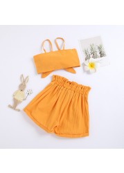 1-6y Infant Kids Baby Girls 2pcs Fashion Summer Clothes Set Bowknot Solid Crop Tops Vest Shorts Pants Outfits