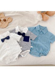 Summer 2022 Infant Boys Short Sleeve Bowtie Lapel Collar Gentleman Birthday Party Baby Bodysuits Rompers Toddler Outfits