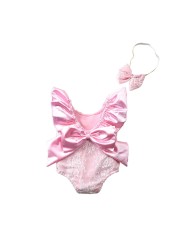 2022 Cute Ruffled Girls Swimwear With Bow Headband Kids Backless Bathing Suit Kids Beachwear