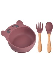 Children's silicone bowl spoon and fork set baby cartoon bear suction cup anti-drop complementary food bowl children's plate dishes