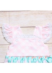 Summer Girl Clothes Rose Print Pattern Lace White Square Collar Sleeveless Tops and Pink Plaid Short Pants Baby Girls Outfits