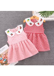 Summer Toddler Girls Sweet Dress 2021 New Casual Fashion Kids Plaid Skirt Baby Peter Pan Collar with Fruit Printed Clothing