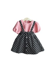 Summer 2022 Girl Suspender Set New Fashion Short Sleeve Polka Dot Girls Clothes College Elegant Set Kids Clothes