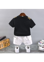 New Summer Baby Boys Handsome Captain Clothing Sets Baby Girls Print Cotton T-shirt + Shorts 2pcs Sets Kids Infant Clothes