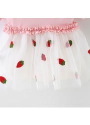 Cute Summer Short Sleeve Strawberry Print Dress Baby Kids Holiday Party Dresses Tulle Princess Dress For Girls