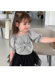 Summer girls cute casual T-shirt baby sweet bubble sleeve princess clothes big bow short sleeve top