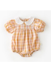 Summer Newborn Baby Shirts Twin Clothes Fashion Plaid Shirts Infant Peter Pan Neck Baby Shirts 0-3 Years