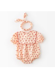 Baby Girl Summer Clothes Bow Print Crew Neck Cotton Short Sleeved Bodysuit Outfits Hair Band