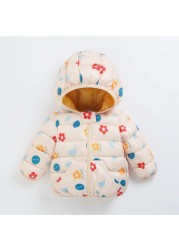 Cartoon Dinosaur Flower Print Hooded Cotton Down Jacket Baby Winter Cartoon Windproof Coat Hooded Warm Outerwear Jacket Freeship