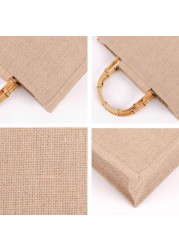 Portable Burlap Shopping Bag Jute Handbag Bamboo Ring Retro Carry Handles DIY Handbag Women Large Size Beach Bag for Girls