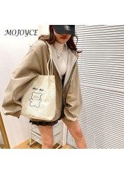 Retro female shoulder bag creative bear print design casual corduroy shoulder bag women large capacity bags