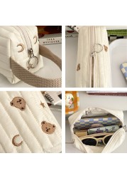 Embroidery Bear Makeup Bag Padded Women Zipper Cosmetic Organizer Bag Cute Cotton Wrist Make Up Pouch Portable Toiletry