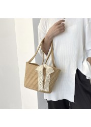 Elegant Ladies Straw Tote Bags Ladies Vacation Beach Casual Tote Fashion Handbag Vintage Shoulder Bag Straw Shoulder Bag