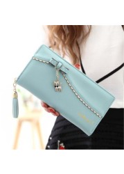 PU long wallet leather wallet women card holder purse sweet bow cute cat pendant tassel ladies clutch phone money coin bag portemonny