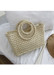 bohemian women summer beach woven straw handbag with round top handle travel vacation weave zipper large top basket bag