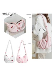 Female Fashion Cherry Pattern Shoulder Bag Winter Mobile Phone Top Handle Bag Warm Plush Tote Decorative Handbag