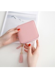 Zipper Closure Soft Short With Tassel Drop Smooth Daily Solid Square PU Leather Fashion Women Wallet