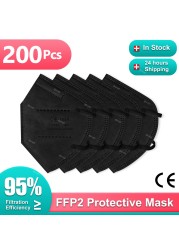 10-200 قطعة الأسود Mascarillas FPP2 Mascarillas KN95 شهادة 5 طبقات الكبار Mascherina FFPP2 المعتمدة قناع أسود ffp2masque