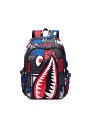 Fashion trend lightweight shark boy student backpack computer USB charging simple printing personality junior high school bag