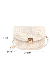 Ladies Vintage Straw Woven Chain Shoulder Bag Women Summer Small Handbag Female Beach Vacation Vacation Half Circle Saddle Bags