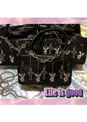 Harajuku Gothic Metal Shoulder Bag Woman Punk Moto Biker Style Female Handbags Cross Paper Clip Dark Rabbit Messenger Bag Purses