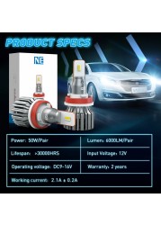 NAOEVO Headlight H7 Led Bulb 50W Fog Lights H4 Hi/Lo Beam 6000LM H11 9005 HB3 9006 HB4 6000k White 12V Car Lamps Mini