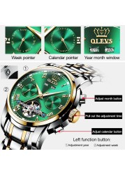 OLEVS Automatic Mechanical Men Watches Stainless Steel Waterproof Date Week Green Fascio Classic Wristwatches Reloj Hombre