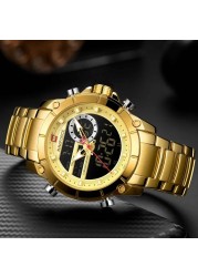 NAVIFORCE Men Military Sports Wrist Watch Gold Quartz Steel Waterproof Dual Display Male Clock Watches Relogio Masculino 9163