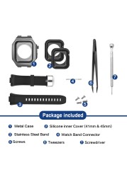 Stainless Steel Modification Kit for Apple Watch Case 4 5 6 44mm 45mm Metal Rubber Straps Style for iWatch Series 7 6 SE 5 4