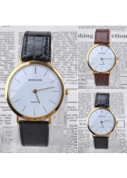 Men Gold Frame Gift Easy Read PU Leather Round Dial Portable Quartz Fashion Simple Pointer Wrist Watch