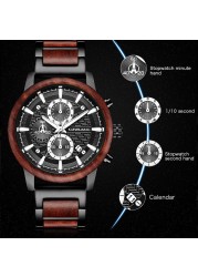 Kunhuang Luxury Wood Stainless Steel Men Watch Fashion Wooden Watches Chronograph Quartz Watches relogio masculino gift man