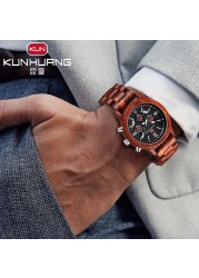 Kunhuang Luxury Brand Men's Watch Wooden Multifunctional Raw Quartz Watch High Strength Ebony Glass Case relógio masculino