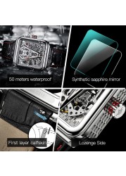 OUPINKE Automatic Watch Men Skeleton Mechanical Watch Steampunk Sapphire Crystal Square Leather Transparent Sports Wristwatches