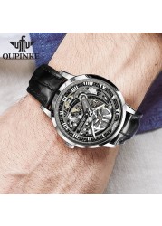 Top Brand OUPINKE Luxury Men's Mechanical Wristwatch Automatic Watch Men Classic Skeleton Leather Sapphire Waterproof