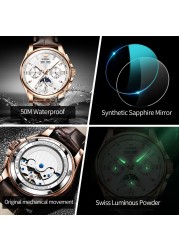 OUPINKE Luxury Watch Men Mechanical Wristwatches Leather Sapphire Waterproof Sports Business Moon Phase Automatic Watch for Men