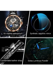 OUPINKE Watch Men Skeleton Design Automatic Watch 50M Waterproof Sapphire Leather Strap Men Mechanical Wristwatches 3268