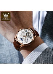 OLEVS New Luxury Men Automatic Mechanical Watch Waterproof Luminous Hollow Watches for Men Leather Strap Moon Phase Calendar