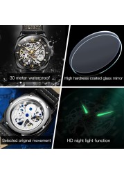 OLEVS Watch for Men Luxury Brand Diamond Automatic Mechanical Wristwatches Skeleton Design Waterproof Leather Men's Watches