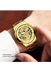 FNGEEN Mens Watches Luxury Brand Chinese Golden Dragon Quartz Watch Diamond Dial Stainless Steel Watch Male Relogio Masculin