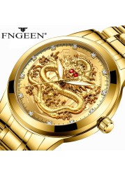 FNGEEN Mens Watches Luxury Brand Chinese Golden Dragon Quartz Watch Diamond Dial Stainless Steel Watch Male Relogio Masculin