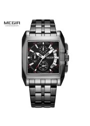 MEGIR Full Black Watches Men Luxury Chronograph Quartz Watch for Man Square Dial Luminous Wristwatch Relogios Relogios Reloj