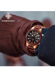 KUNHUANG أفضل الساعات الخشبية الفاخرة الرجال الرياضة كرونو ساعات كوارتز الرجال تاريخ مضيئة ساعة خشبية رجل Relogio Masculino