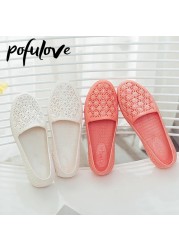 Pofulove Flats Shoes Women Hollow Out Slip On Casual Nursing Shoes Summer Loafers Female Sandals Shallow Beach Breathable Zapatos