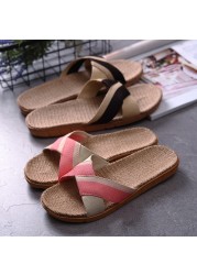 New Summer Linen Home Slippers Women 35-45 Plus Size Beach Flip Flops Non-slip Unisex Family Female Male Linen Slippers